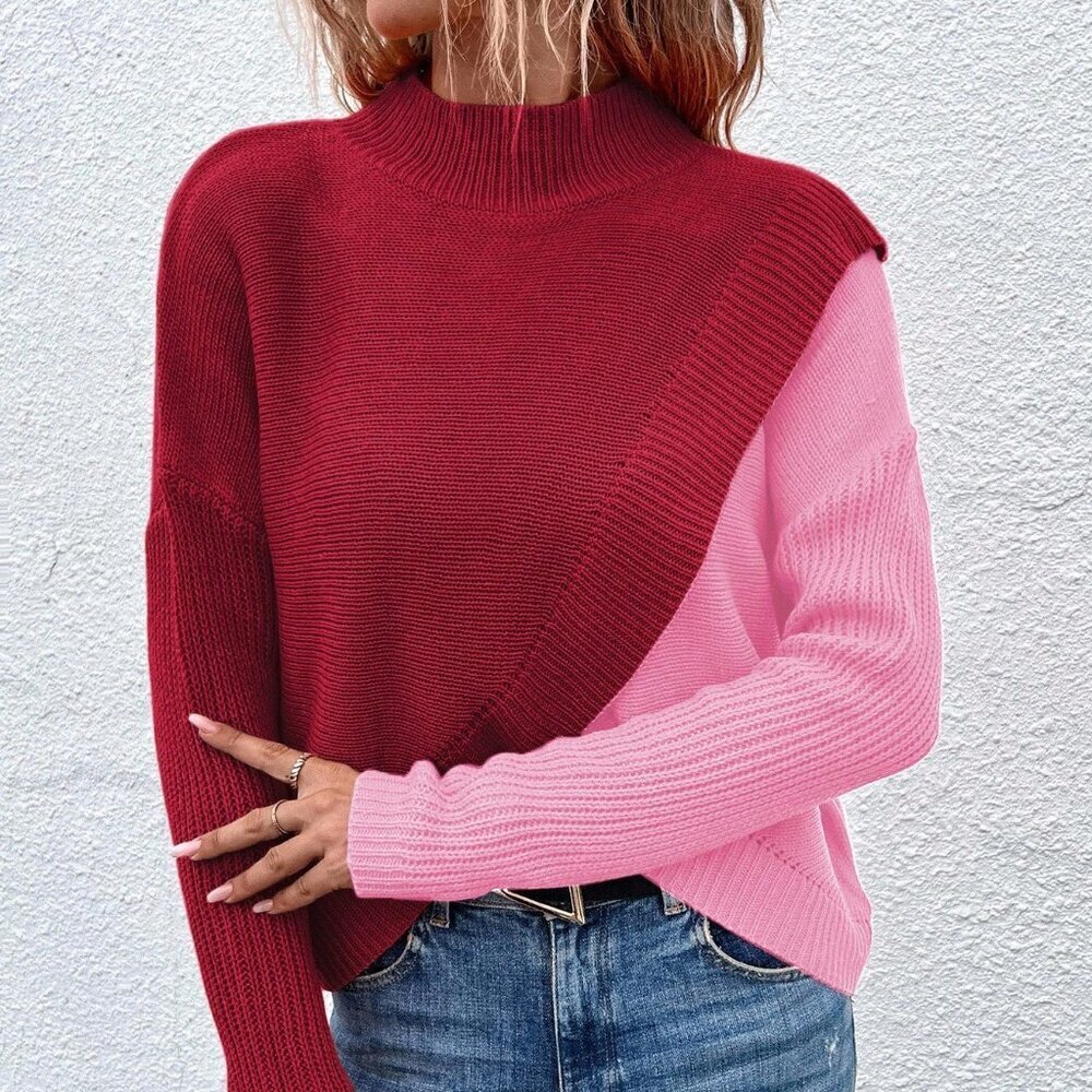 Multicolor Casual Women's Color Block Stand Collar Wrap Sweater - Picture 4 of 6